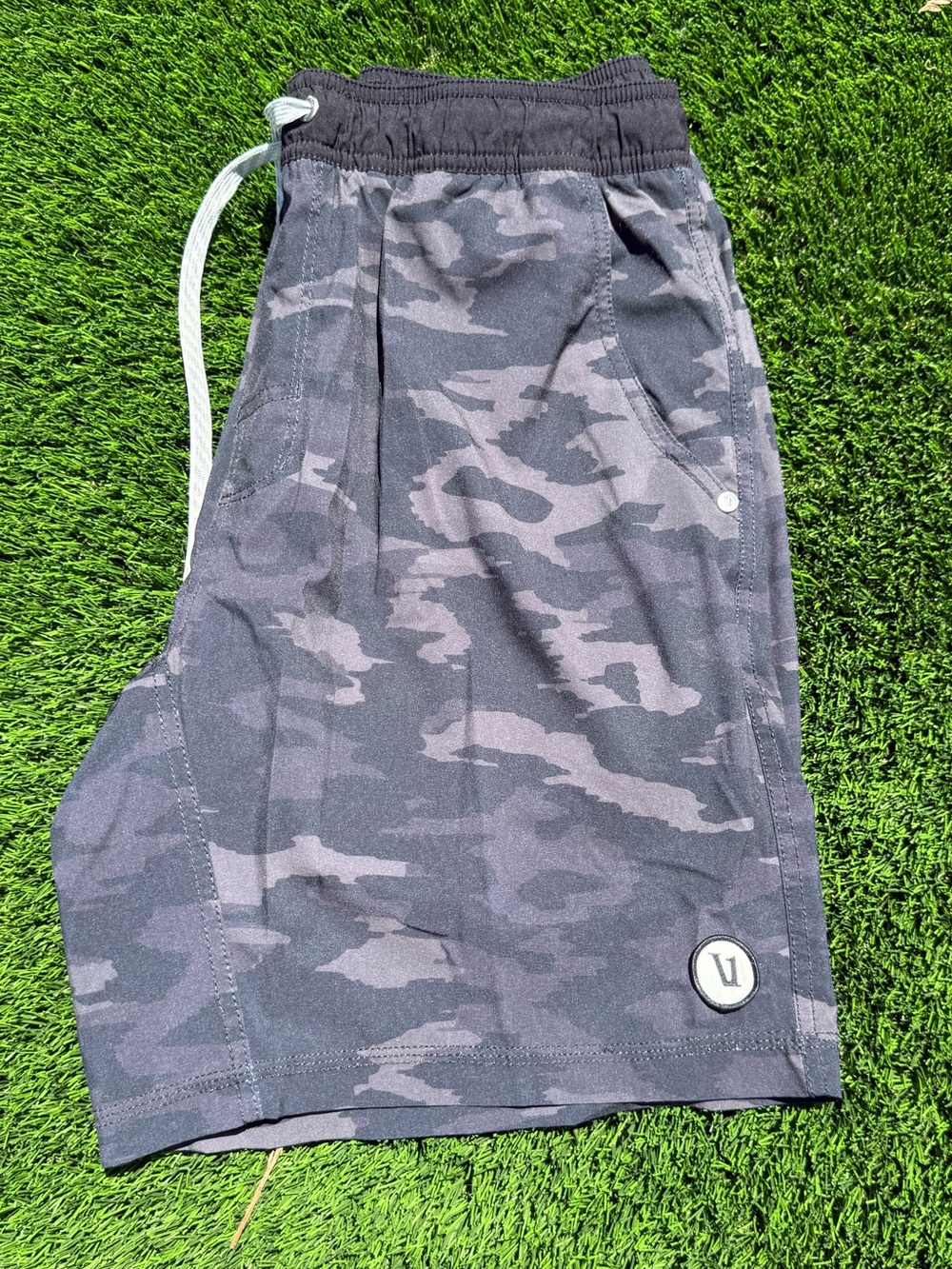 Vuori Men's Black Camo Athletic Shorts with Drawstring